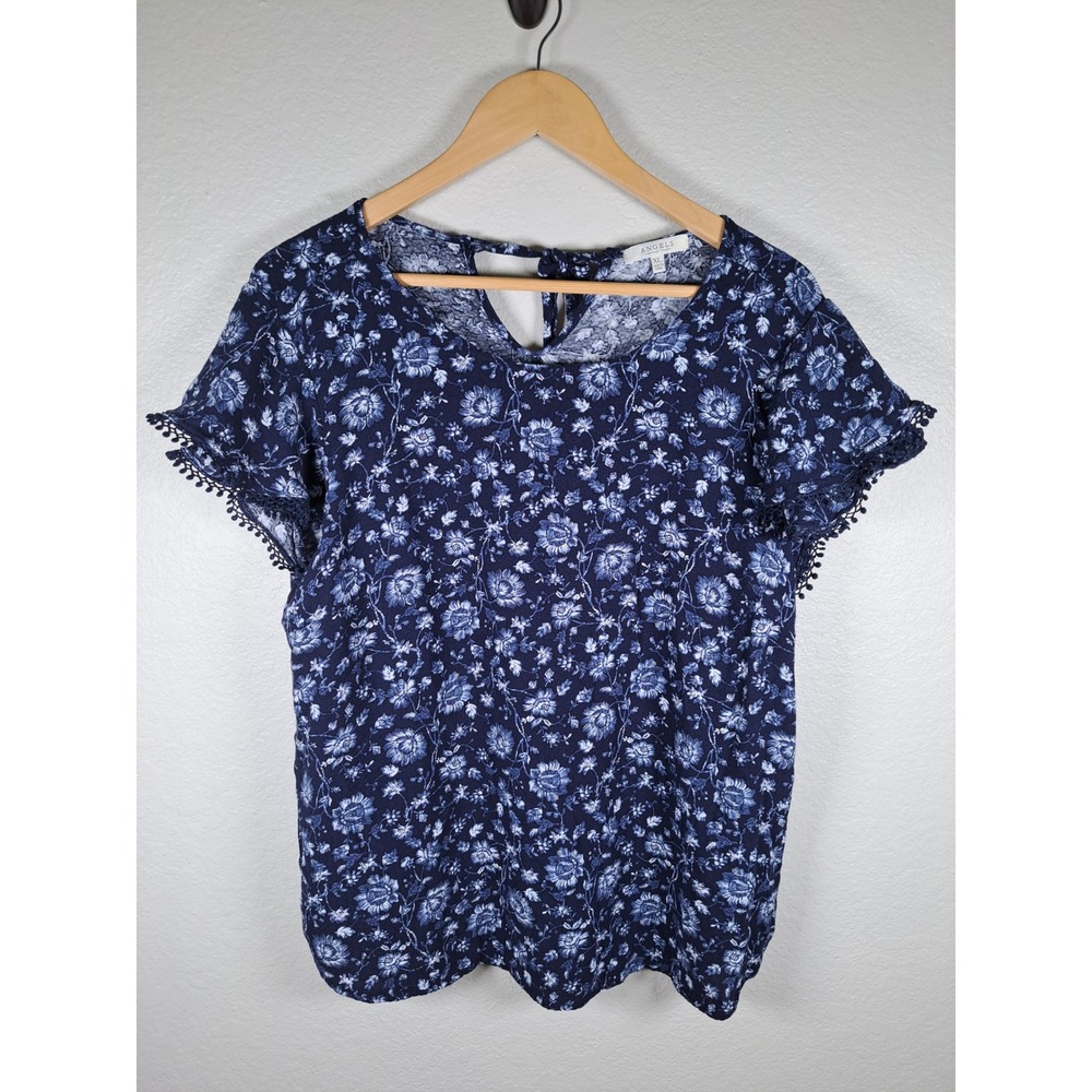 Angels Forever Young Navy Blue Floral Flutter Sleeve Pom Pom Trim Blouse XL
